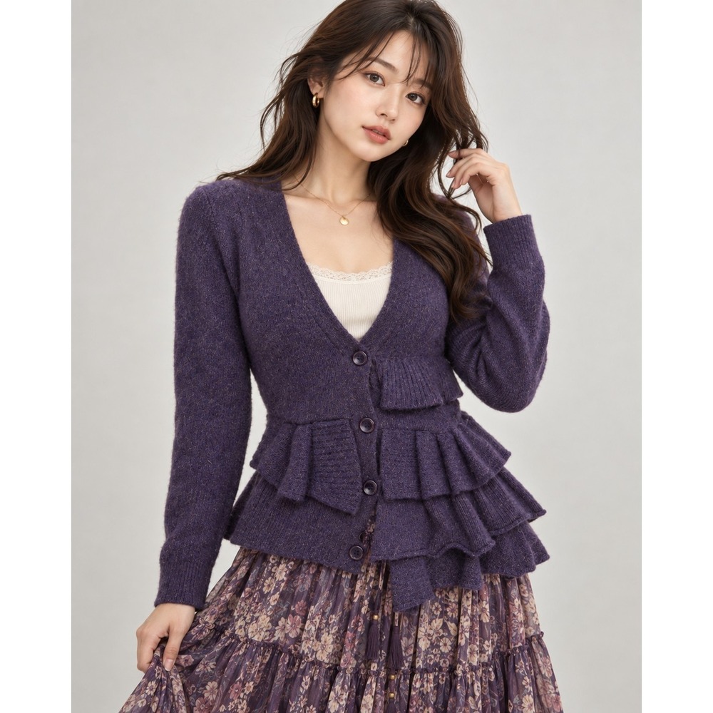 Moth Anthropologie Purple Ruffle Front Wool Blend V-Neck Cardigan Sweater Small